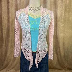 Vintage Y2K Net Cardigan Cut Out Open Front Pink Long Sleeve Euro Nautical Boho